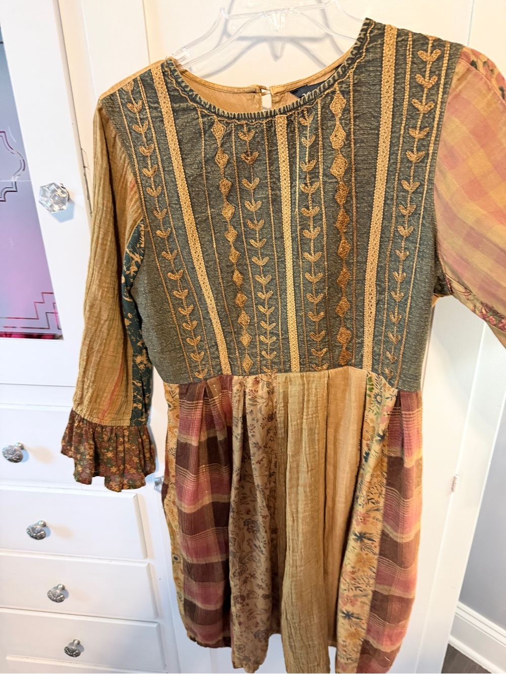 Boho Patchwork Casual Midi Dress in Mustard and Burgundy - Picture 10 of 14
